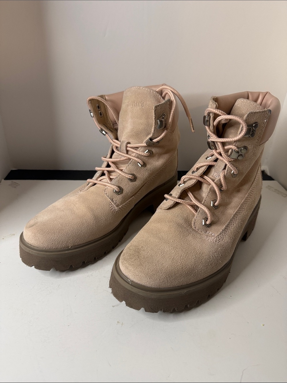 Timberland Pink Suede Lace-Up Lug Boots